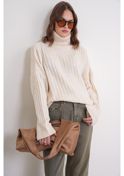 6928 Kadın Fitilli Balıkçı Yaka Triko Kazak Naturel modelleri