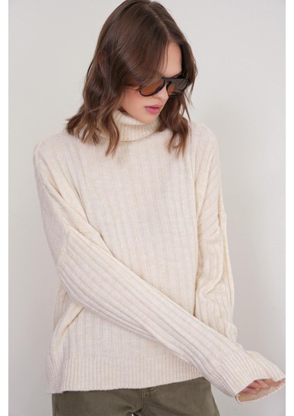 6928 Kadın Fitilli Balıkçı Yaka Triko Kazak Naturel fırsatları