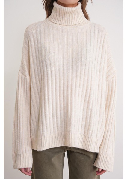 6928 Kadın Fitilli Balıkçı Yaka Triko Kazak Naturel indirimleri