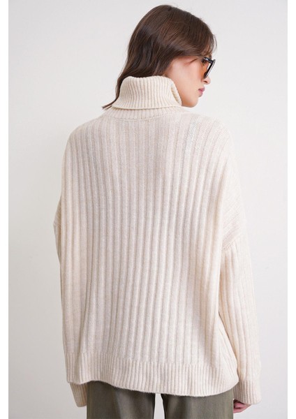 6928 Kadın Fitilli Balıkçı Yaka Triko Kazak Naturel