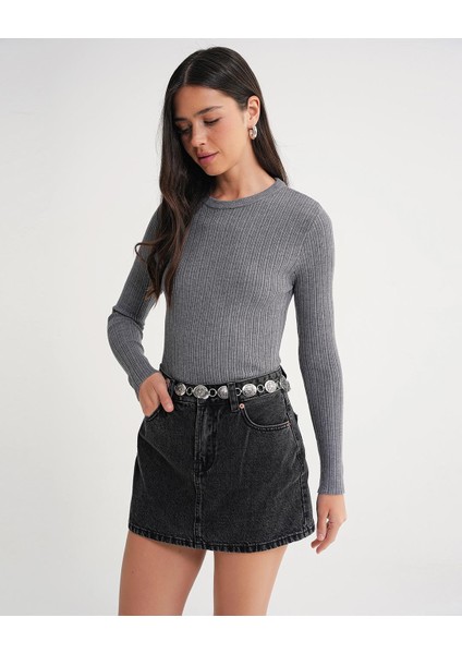 6938 Kadın Bisiklet Yaka Fitilli Triko Body Gri modelleri