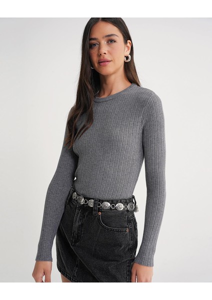 6938 Kadın Bisiklet Yaka Fitilli Triko Body Gri fırsatları