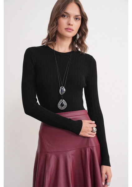 6938 Kadın Bisiklet Yaka Fitilli Triko Body Siyah