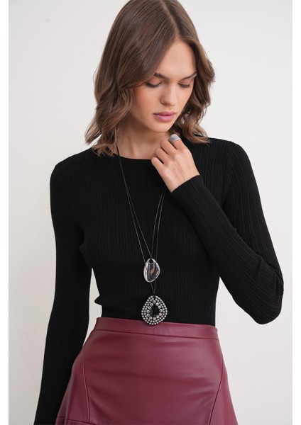 6938 Kadın Bisiklet Yaka Fitilli Triko Body Siyah modelleri