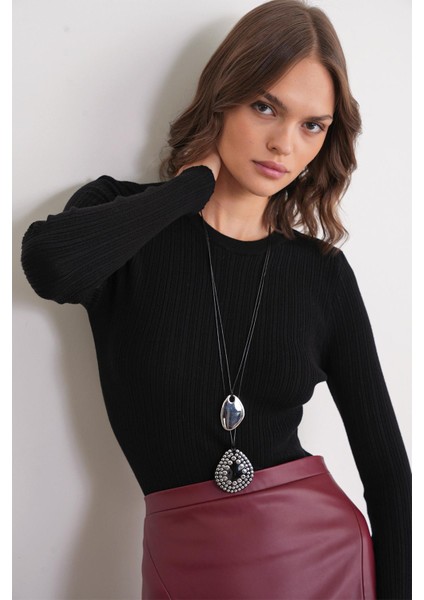 6938 Kadın Bisiklet Yaka Fitilli Triko Body Siyah indirimleri