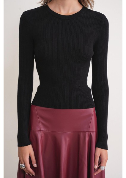 6938 Kadın Bisiklet Yaka Fitilli Triko Body Siyah