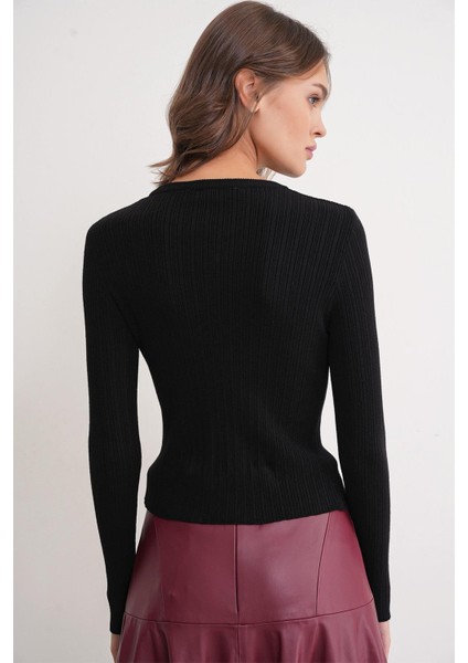 6938 Kadın Bisiklet Yaka Fitilli Triko Body Siyah