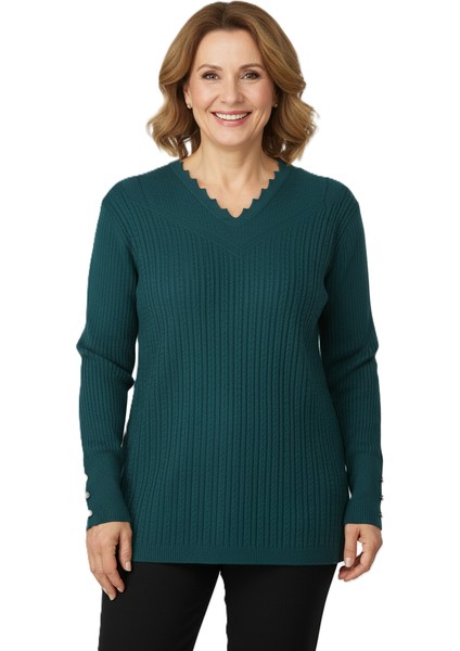 Kadın Kışlık Anne Kazak V Yaka Pamuklu Kardelen Örme Esnek Rahat Kesim Tam Kalıp