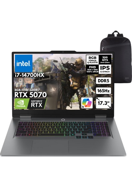 Loq I7-14700HX 40-Gbddr5 1 Tbssd RTX5070 (8GB-115W-GDDR7) 17.3" Fhd 165Hz Freedos + Hmf Sırt Çantası 83JH006HTRHMF5
