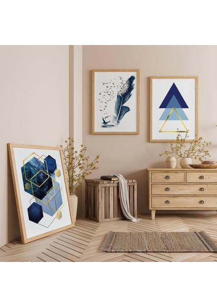 Ahşap Çerçeveli Mavi Renkte Minimalist Şekiller Üçlü Ahşap Tablo Seti