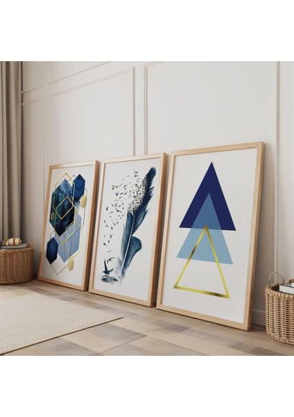 Ahşap Çerçeveli Mavi Renkte Minimalist Şekiller Üçlü Ahşap Tablo Seti fiyatları