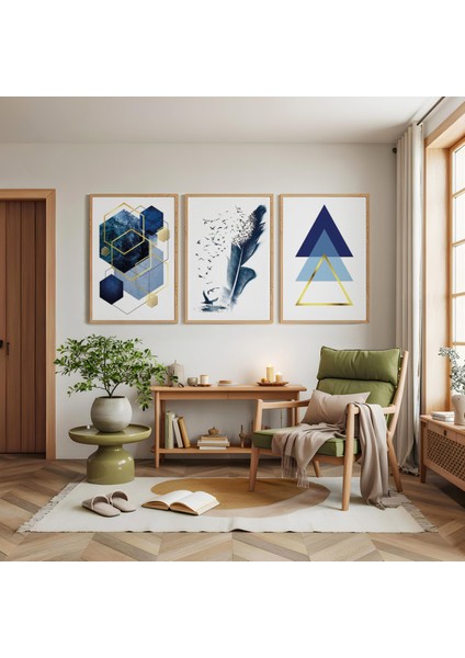 Ahşap Çerçeveli Mavi Renkte Minimalist Şekiller Üçlü Ahşap Tablo Seti modelleri