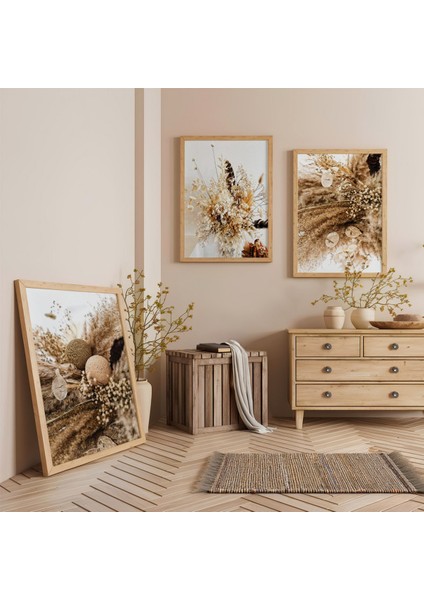 Ahşap Çerçeveli Kurutulmuş Çiçek ve Botanik Sanat Üçlü Ahşap Tablo Seti