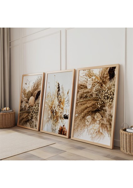 Ahşap Çerçeveli Kurutulmuş Çiçek ve Botanik Sanat Üçlü Ahşap Tablo Seti fiyatları
