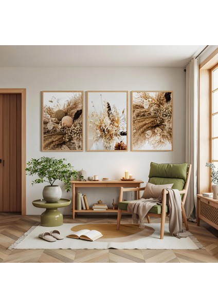 Ahşap Çerçeveli Kurutulmuş Çiçek ve Botanik Sanat Üçlü Ahşap Tablo Seti modelleri