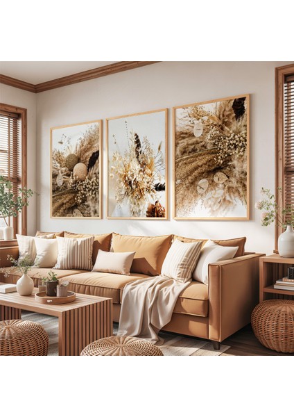 Ahşap Çerçeveli Kurutulmuş Çiçek ve Botanik Sanat Üçlü Ahşap Tablo Seti fırsatları