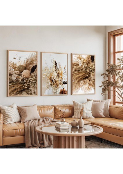 Ahşap Çerçeveli Kurutulmuş Çiçek ve Botanik Sanat Üçlü Ahşap Tablo Seti indirimleri