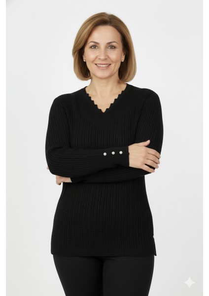 Kadın Kışlık Anne Kazak V Yaka Pamuklu Kardelen Örme Esnek Rahat Kesim Tam Kalıp