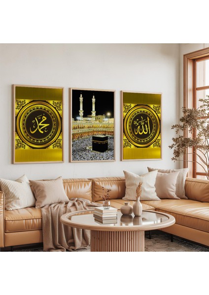Ahşap Çerçeveli Kabe ve Allah Muhammed Lafı Dini Üçlü Ahşap Tablo Seti indirimleri