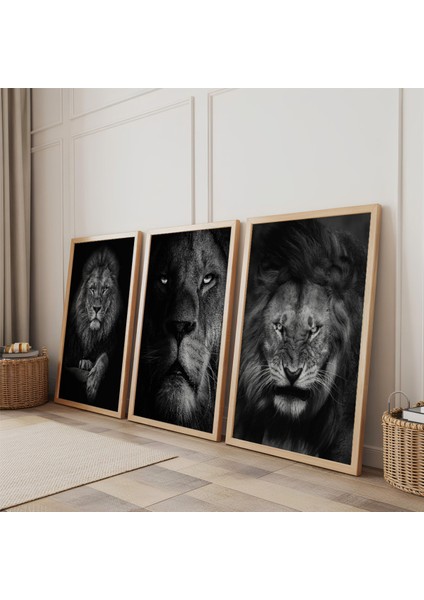 Ahşap Çerçeveli Ormalar Kralı Aslan Üçlü Ahşap Tablo Seti fiyatları
