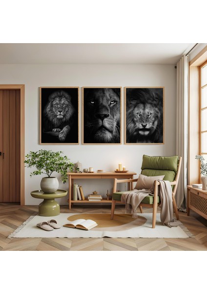 Ahşap Çerçeveli Ormalar Kralı Aslan Üçlü Ahşap Tablo Seti modelleri