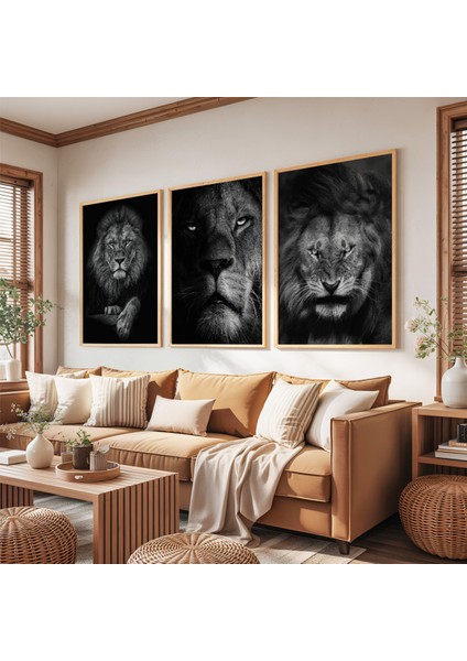 Ahşap Çerçeveli Ormalar Kralı Aslan Üçlü Ahşap Tablo Seti fırsatları