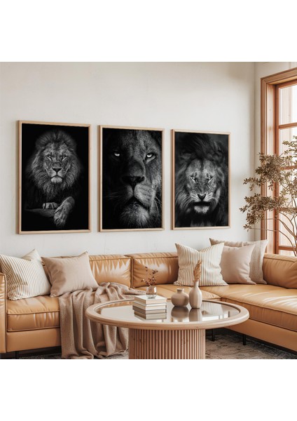 Ahşap Çerçeveli Ormalar Kralı Aslan Üçlü Ahşap Tablo Seti indirimleri
