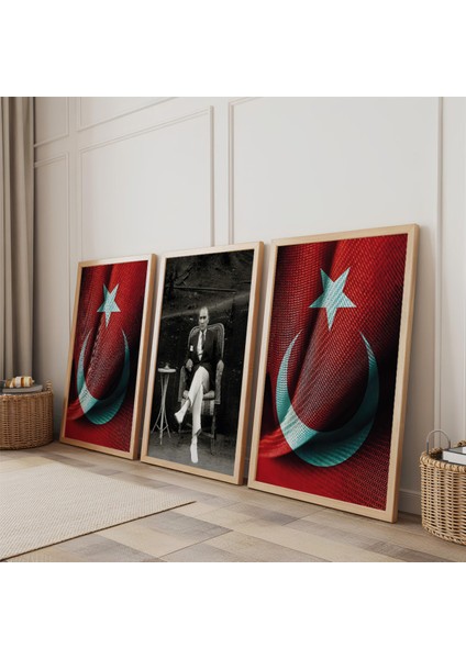 Ahşap Çerçeveli Türk Bayrağı ve Atatürk Üçlü Ahşap Tablo Seti fiyatları