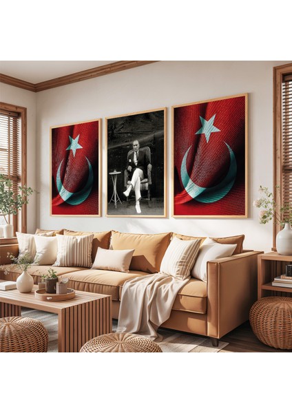 Ahşap Çerçeveli Türk Bayrağı ve Atatürk Üçlü Ahşap Tablo Seti fırsatları