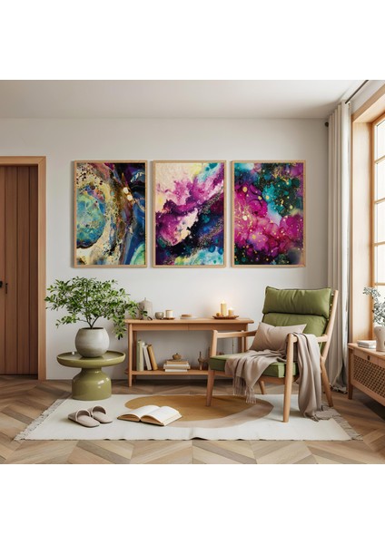 Ahşap Çerçeveli Renkli Modern Üçlü Ahşap Tablo Seti modelleri