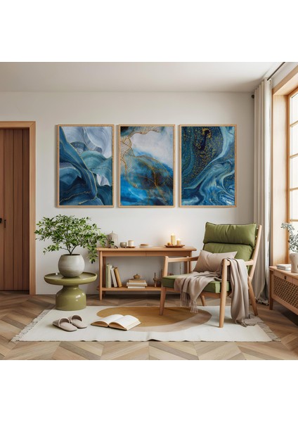 Ahşap Çerçeveli Mavi Renk Modern Üçlü Ahşap Tablo Seti modelleri