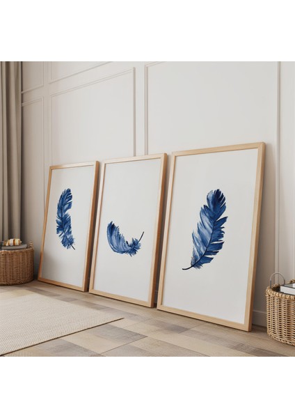 Ahşap Çerçeveli Mavi Tüy Üçlü Ahşap Tablo Seti fiyatları