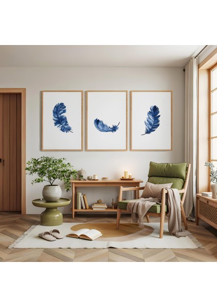Ahşap Çerçeveli Mavi Tüy Üçlü Ahşap Tablo Seti modelleri