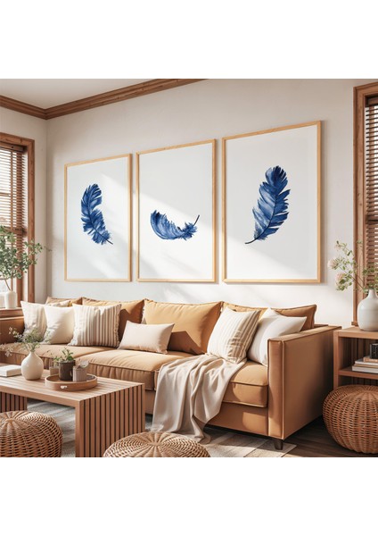 Ahşap Çerçeveli Mavi Tüy Üçlü Ahşap Tablo Seti fırsatları