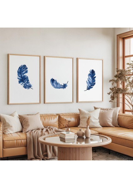 Ahşap Çerçeveli Mavi Tüy Üçlü Ahşap Tablo Seti indirimleri