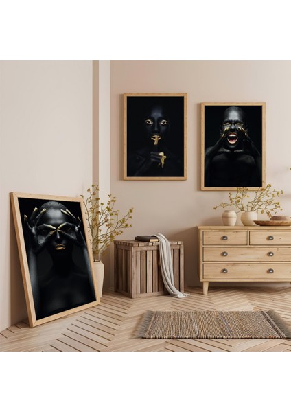 Ahşap Çerçeveli Siyahi Kadınlar Üçlü Ahşap Tablo Seti