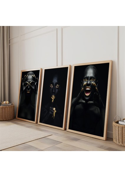 Ahşap Çerçeveli Siyahi Kadınlar Üçlü Ahşap Tablo Seti fiyatları