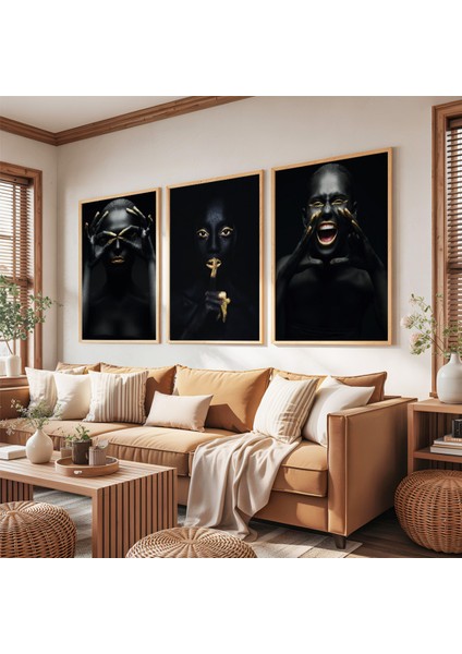 Ahşap Çerçeveli Siyahi Kadınlar Üçlü Ahşap Tablo Seti fırsatları