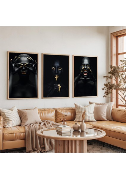 Ahşap Çerçeveli Siyahi Kadınlar Üçlü Ahşap Tablo Seti indirimleri