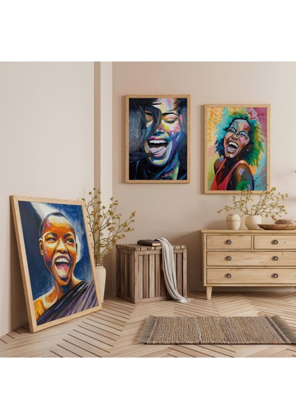 Ahşap Çerçeveli Afrikalı Kadınlar Üçlü Ahşap Tablo Seti