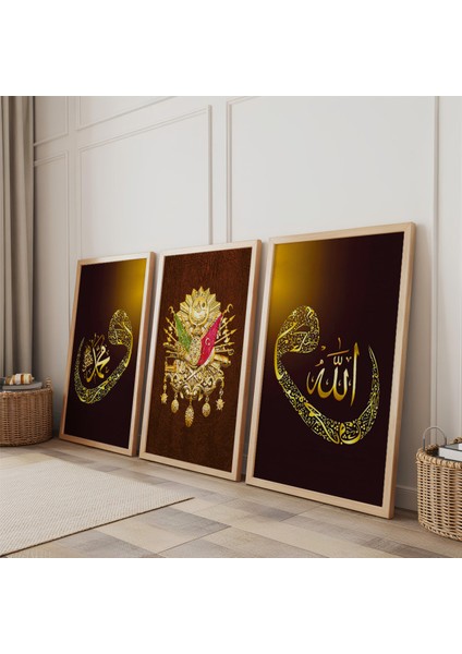 Ahşap Çerçeveli Allah Muhammed Osmanlı Tuğrası Üçlü Ahşap Tablo Seti fiyatları