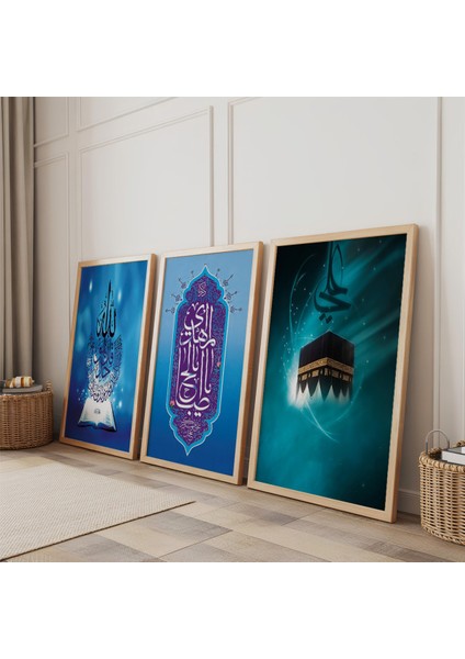 Ahşap Çerçeveli Kabe ve Allah Muhammed Lafı Dini Üçlü Ahşap Tablo Seti fiyatları