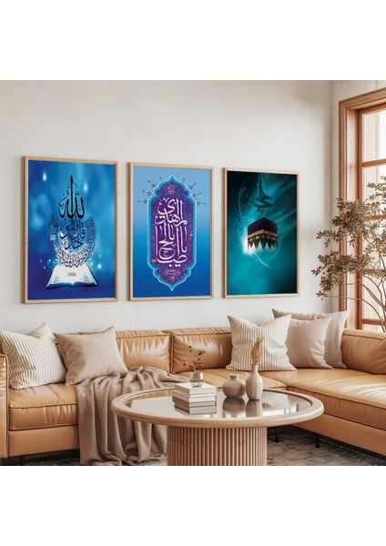 Ahşap Çerçeveli Kabe ve Allah Muhammed Lafı Dini Üçlü Ahşap Tablo Seti indirimleri