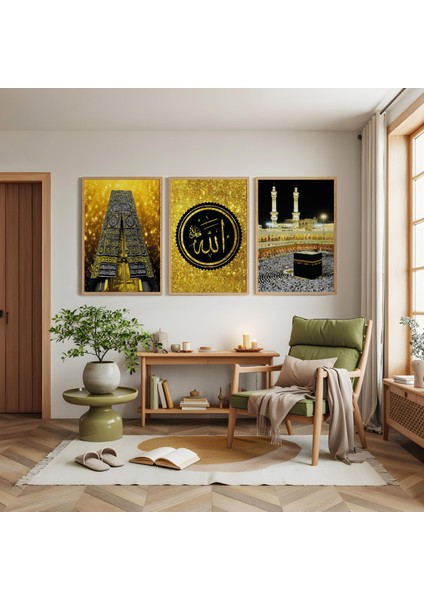 Ahşap Çerçeveli Kabe ve Allah Lafzı Üçlü Ahşap Tablo Seti modelleri