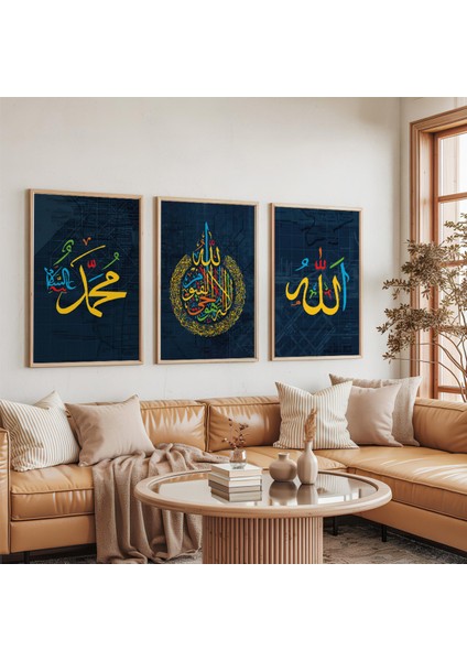 Ahşap Çerçeveli Allah Muhammed Lafzı Dini Üçlü Ahşap Tablo Seti indirimleri