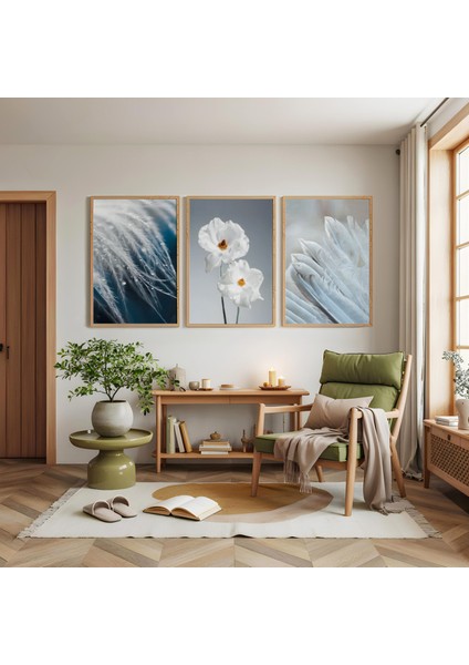 Ahşap Çerçeveli Beyaz Çiçek Üçlü Ahşap Tablo Seti modelleri