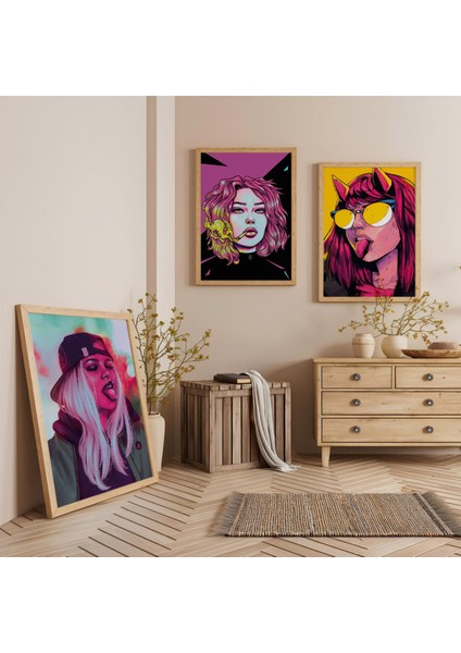 Ahşap Çerçeveli Pembe Çizim ve Genç Kızlar Üçlü Ahşap Tablo Seti