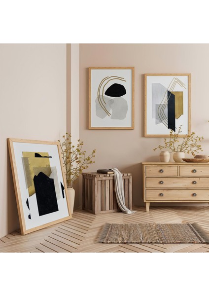 Ahşap Çerçeveli Soyut Geometrik Sanat Üçlü Ahşap Tablo Seti