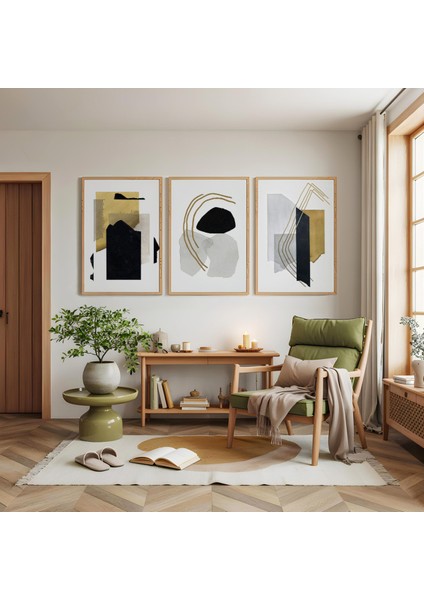 Ahşap Çerçeveli Soyut Geometrik Sanat Üçlü Ahşap Tablo Seti modelleri