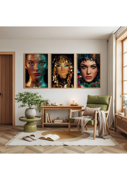 Ahşap Çerçeveli Modern Kadın Potreleri Portreleri Üçlü Ahşap Tablo Seti modelleri